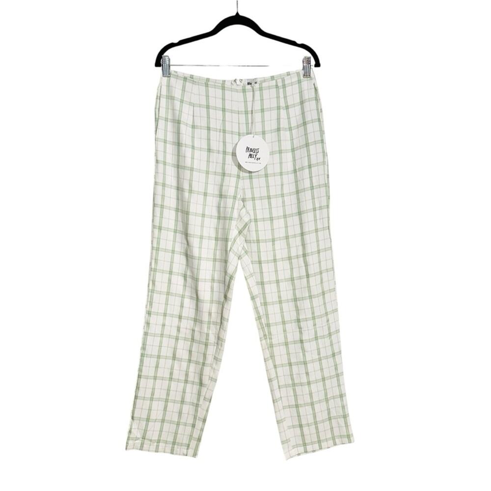 NWT Princess Polly Alcina Plaid Green and White Cropped High Rise Pants US 6